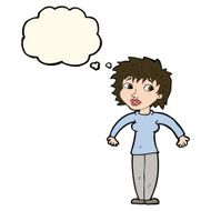 cartoon woman shrugging shoulders with thought bubble N385