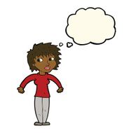 cartoon woman shrugging shoulders with thought bubble N386