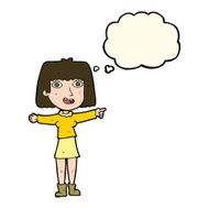 cartoon happy woman pointing with thought bubble N52