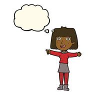 cartoon happy woman pointing with thought bubble N53