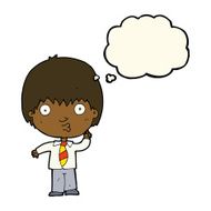 cartoon school boy answering question with thought bubble N38