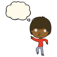 cartoon impressed boy pointing with thought bubble N7