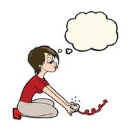 cartoon girl playing computer games with thought bubble N6