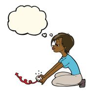 cartoon girl playing computer games with thought bubble N7