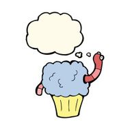 cartoon worm in cupcake with thought bubble N8