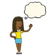 cartoon pretty woman waving with thought bubble N66