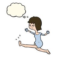 cartoon happy woman kicking with thought bubble N7