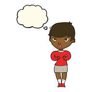 cartoon woman gesturing at self with thought bubble N22