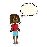cartoon woman shrugging shoulders with thought bubble N388