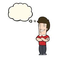 cartoon man with folded arms grinning thought bubble N8