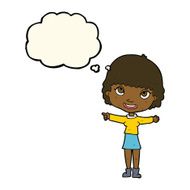 cartoon happy woman pointing with thought bubble N54