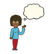 cartoon shocked woman waving hand with thought bubble N7
