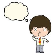 cartoon school boy answering question with thought bubble N39