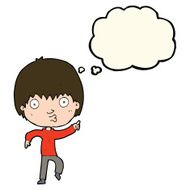 cartoon impressed boy pointing with thought bubble N8