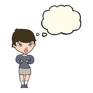 cartoon woman gesturing at self with thought bubble N23