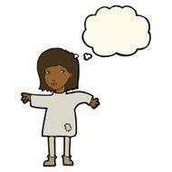 cartoon woman in patched clothing with thought bubble N8