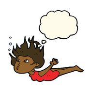 cartoon woman swimming underwater with thought bubble N8