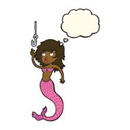 cartoon mermaid and fish hook with thought bubble N7