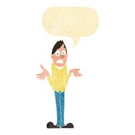 cartoon man shrugging shoulders with speech bubble