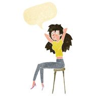 cartoon woman posing on stool with speech bubble
