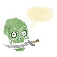 cartoon pirate skull with knife in teeth speech bubble