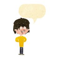 cartoon happy scruffy boy with speech bubble