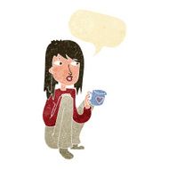 cartoon woman sitting with cup of coffee speech bubble