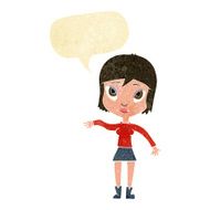 cartoon woman waving hand with speech bubble