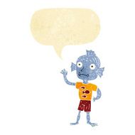 cartoon waving fish boy with speech bubble