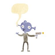 cartoon alien with ray gun speech bubble
