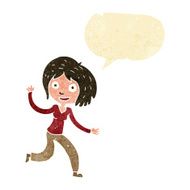 cartoon happy waving girl with speech bubble