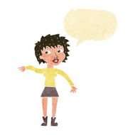 cartoon friendly woman waving with speech bubble