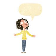 cartoon curious woman looking upwards with speech bubble