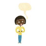 cartoon woman gesturing at self with speech bubble