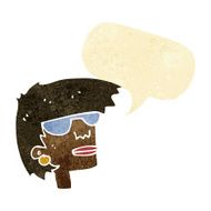 cartoon female face with glasses speech bubble