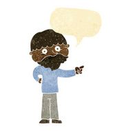 cartoon bearded man pointing with speech bubble