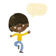 cartoon happy boy dancing with speech bubble