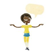 cartoon woman making open arm gesture with speech bubble