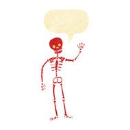 cartoon waving skeleton with speech bubble