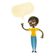 cartoon woman waving with speech bubble N2