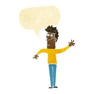 cartoon happy waving man with speech bubble