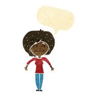 cartoon woman shrugging shoulders with speech bubble
