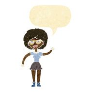 cartoon waving woman wearing spectacles with speech bubble