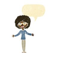 cartoon woman wearing spectacles with speech bubble