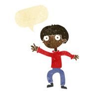 cartoon boy waving warning with speech bubble