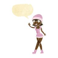 cartoon pretty girl in hat waving with speech bubble