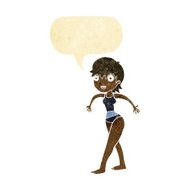 cartoon happy woman in swimming costume with speech bubble