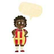 cartoon woman in kitchen apron with speech bubble
