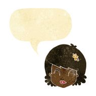 cartoon happy female face with speech bubble