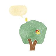 cartoon tree with birdhouse speech bubble